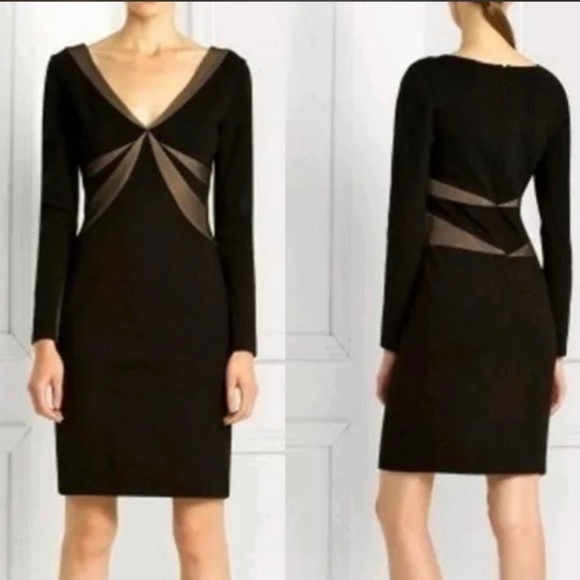 BCBG MaxAzria Little Black Dress Long Sleeve V Neck Mid Length Bodycon Womens S - Picture 2 of 14